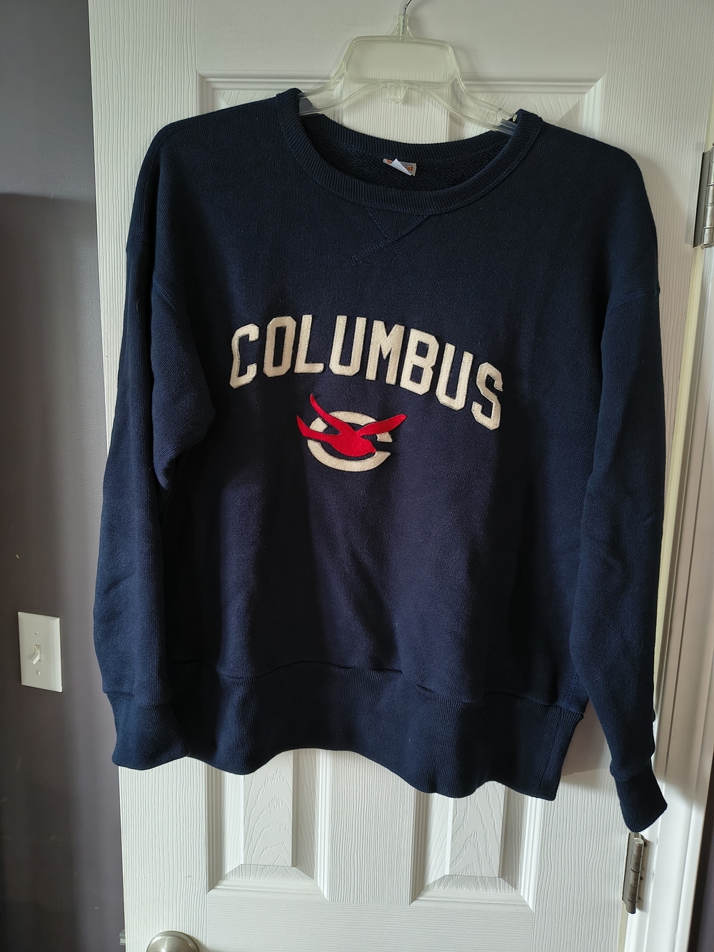 Ebbets Field Flannels Navy Sweatshirt with Cream 'COLUMBUS' and Red Emblem